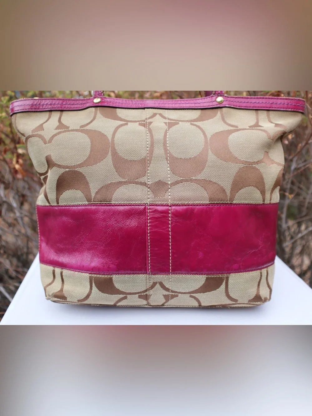 Coach Signature Berry Stripe Patent Leather Tote Shoulder Bag, Berry Red/Pinkish